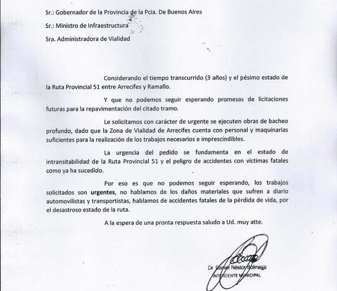 Bolinaga presentó otra nota por el estado de las rutas
