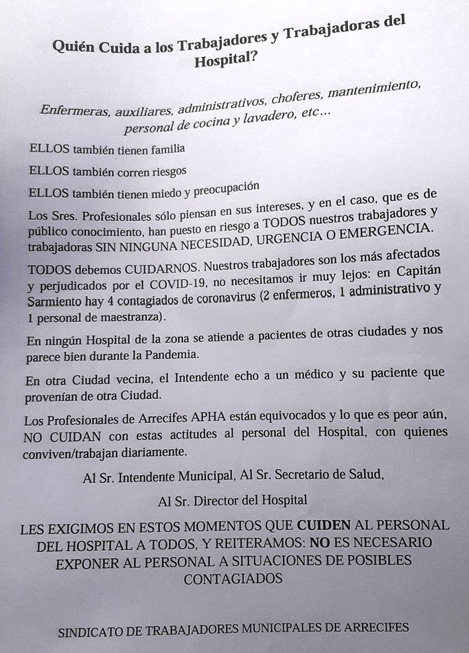DURA NOTA DEL SINDICATO DE TRABAJADORES MUNICIPALES HACIA LOS MÉDICOS DEL HOSPITAL