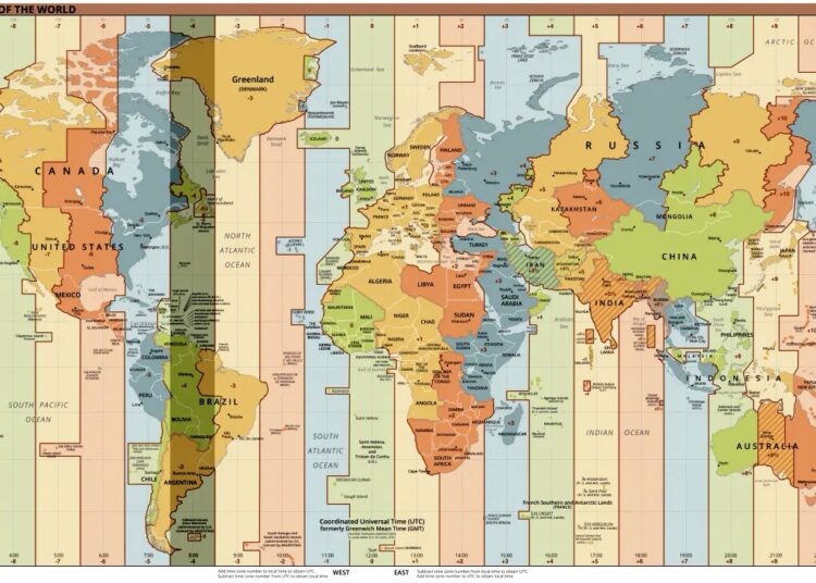 EN EL MAPA PUEDE APRECIARSE CLARAMENTE QUE LA ARGENTINA ESTÁ ATRAVESADA POR EL HORARIO (-4), Y PARTE DE LA PATAGONIA Y LA CORDILLERA POR (-5). NUNCA (-3), COMO RIGE ACTUALMENTE.