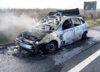 Se incendió por completo un auto de Arrecifes en la autopista