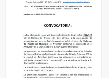 Convocatoria para cubrir el cargo de Defensor del Pueblo de Arrecifes