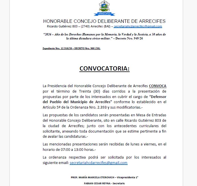 Convocatoria para cubrir el cargo de Defensor del Pueblo de Arrecifes