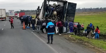 VIDEO. Se incendió un camión cargado con carne y lo saquearon